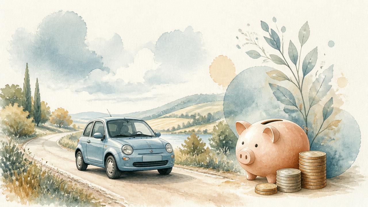 Aquarell-Illustration: Kleinwagen neben Sparschwein und Münzstapeln als Sinnbild für die Anzahlung