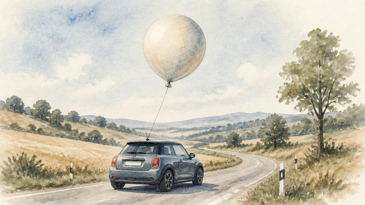 Aquarell-Illustration: Kleinwagen auf einer Landstraße mit großem Ballon als Sinnbild für die Schlussrate