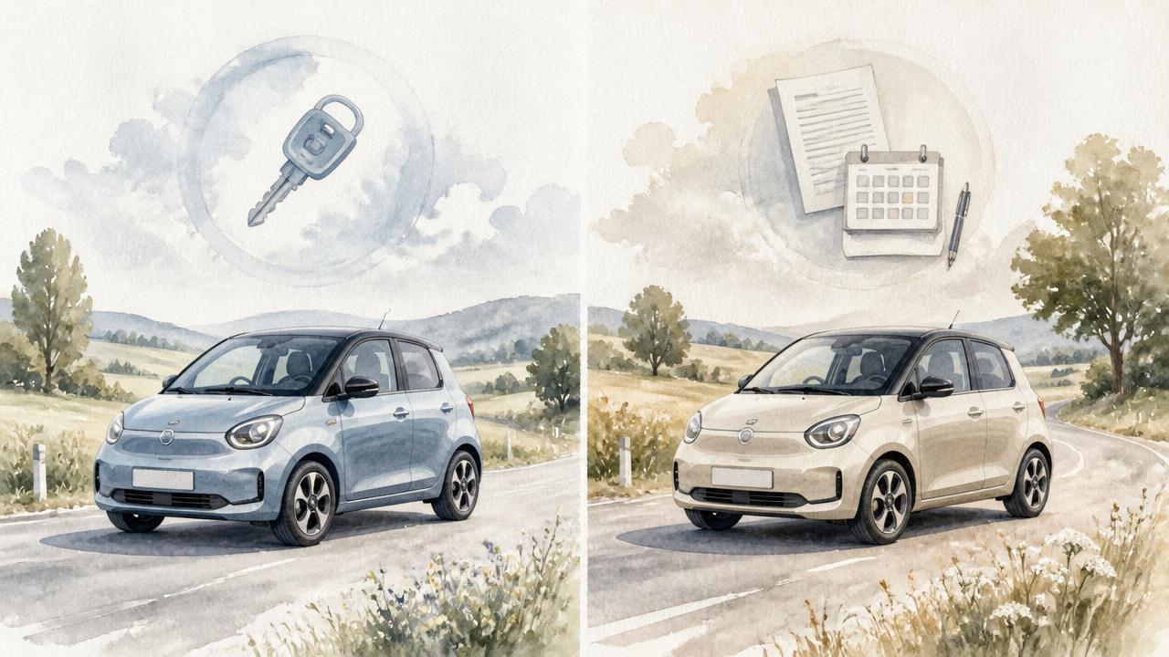 Aquarell-Illustration: zwei Kleinwagen auf einer Landstraße – links Symbol für Eigentum (Schlüssel), rechts Symbol für Leasingvertrag