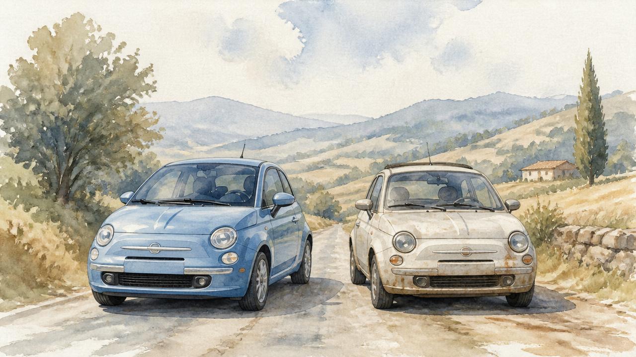 Aquarell-Illustration: ein neuer und ein gebrauchter Kleinwagen nebeneinander auf einer Landstraße