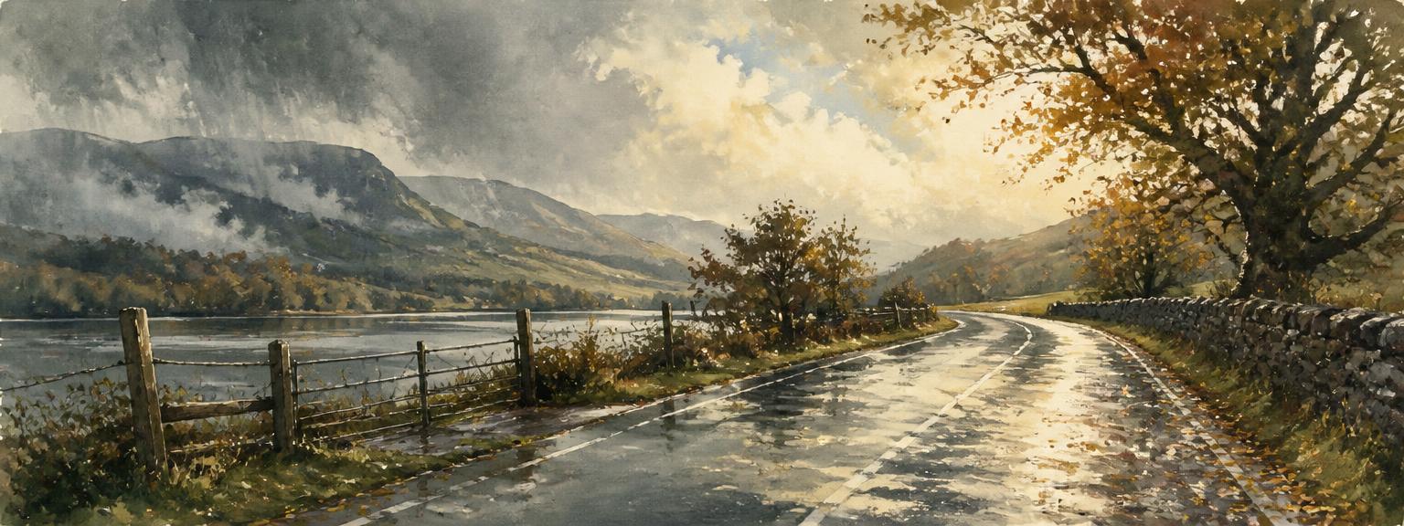 Nasse Landstraße bei Mischwetter – Aquarell