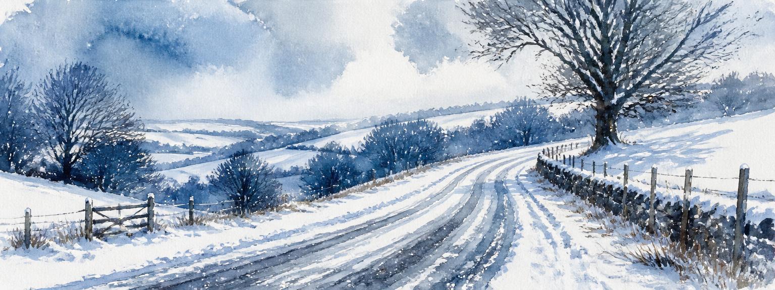Verschneite Landstraße – Aquarell