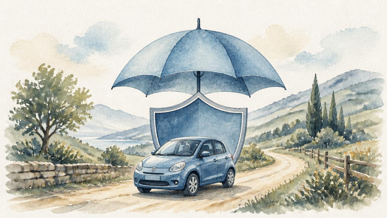 Aquarell-Illustration: Kleinwagen unter Schirm und Schild als Sinnbild für die Autoversicherung
